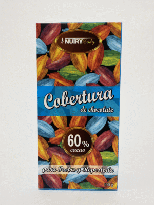 Cobertura chocolate 60% NutryBody 100g Barra de chocolate 60% cacao NutryBody de 100g, sobre fondo claro.