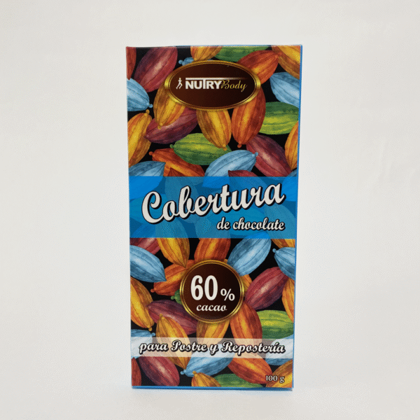 Barra de chocolate 60% cacao NutryBody de 100g, sobre fondo claro.