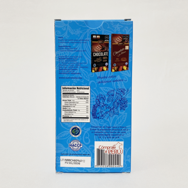 Barra de chocolate 60% cacao NutryBody de 100g, sobre fondo claro.
