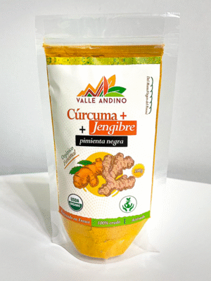Cúrcuma, jengibre y pimienta negra – Valle Andino 100 g, sobre fondo blanco Cúrcuma con Jengibre y Pimienta Negra 100g Valle Andino
