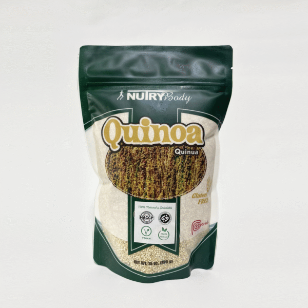 Harina de quinua orgánica de 250g NutryBody, sobre fondo claro.