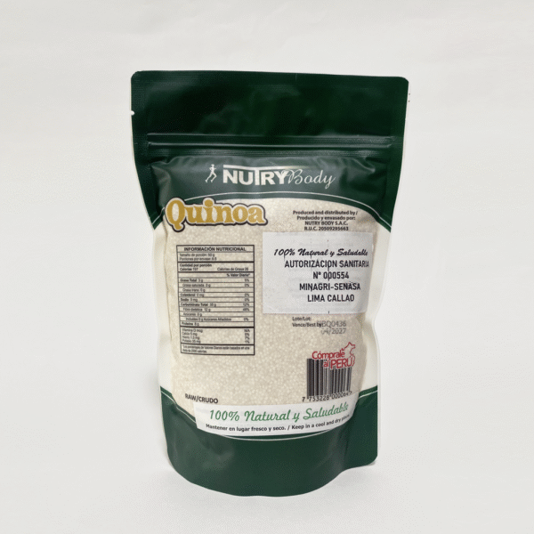 Harina de quinua orgánica de 250g NutryBody, sobre fondo claro.